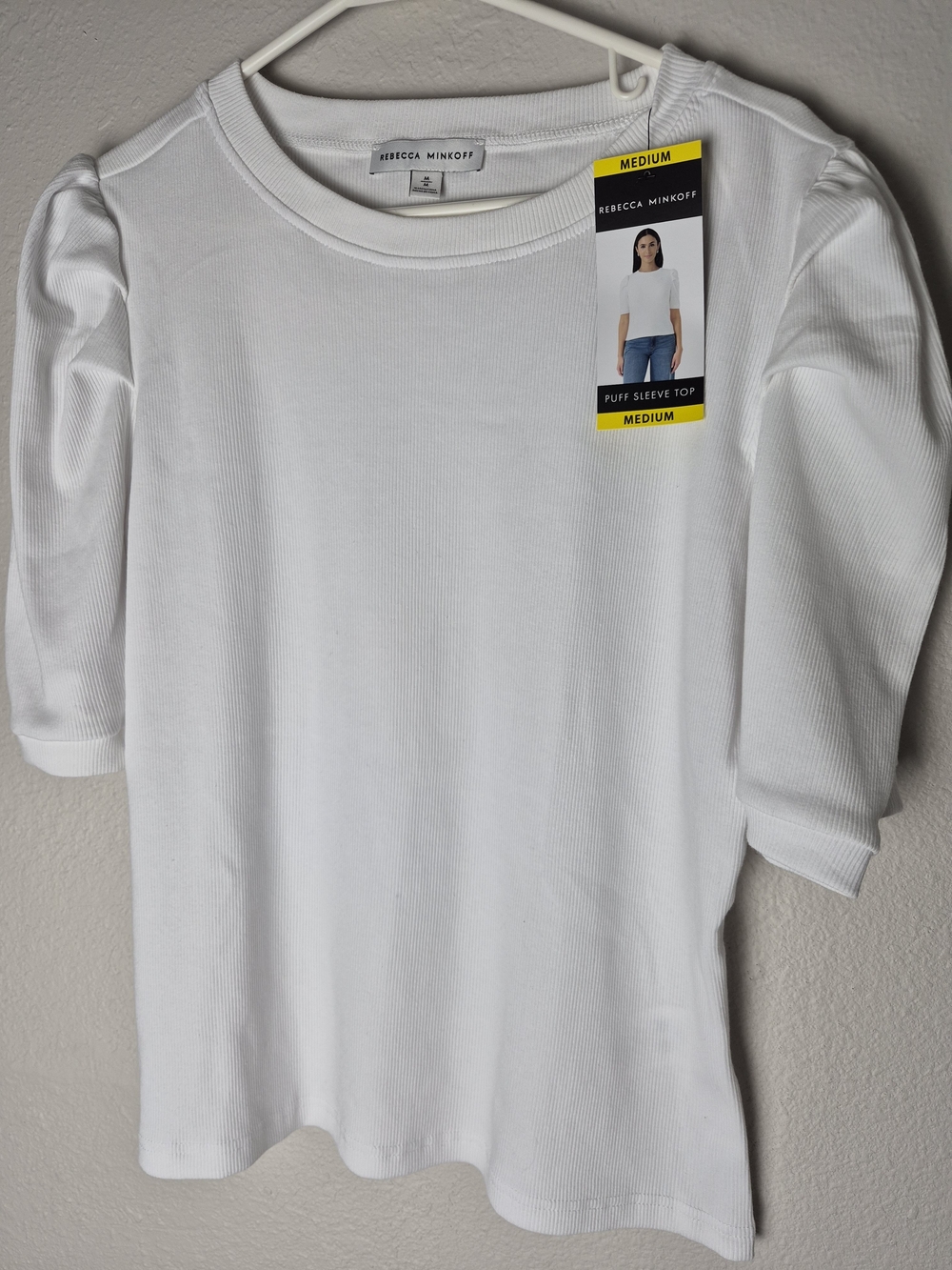 Rebecca Minkoff Womens White Ribbed Puff Sleeve Tee. New with tags! Size med
